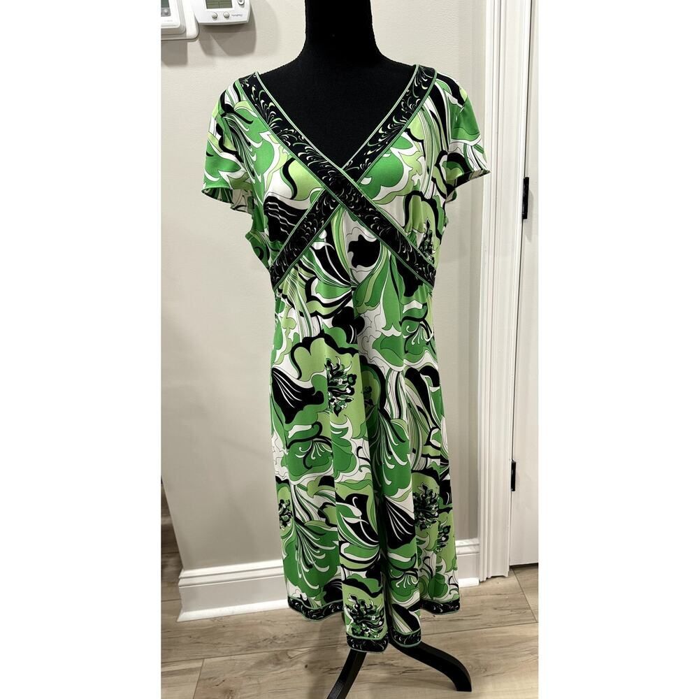 Tahari Dress Retro Psychodelic 60s 70s Green Midi - Size 14